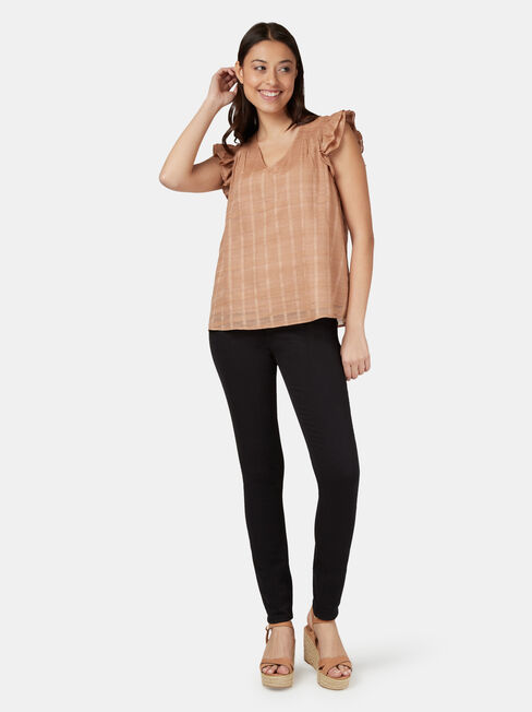 Freya Textured Frill Sleeve Top, Brown, hi-res