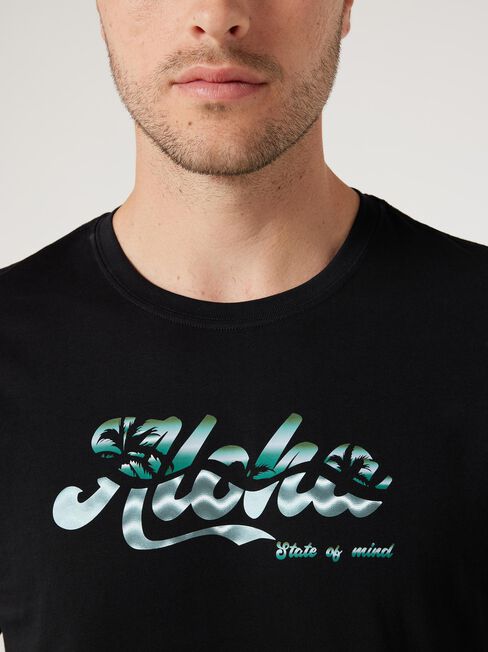 SS Aloha Print Crew Tee, Black, hi-res