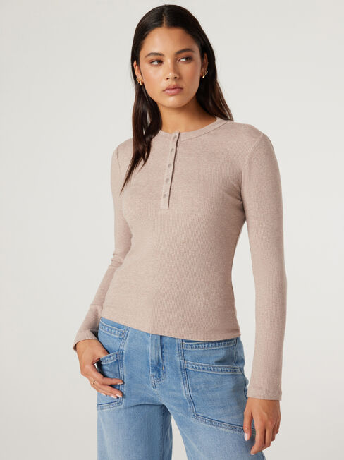 J-Luxe Henley Top, Taupe, hi-res