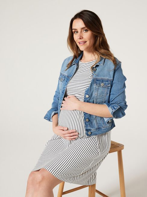 Tori Layered Maternity Dress, White & Navy Stripe, hi-res