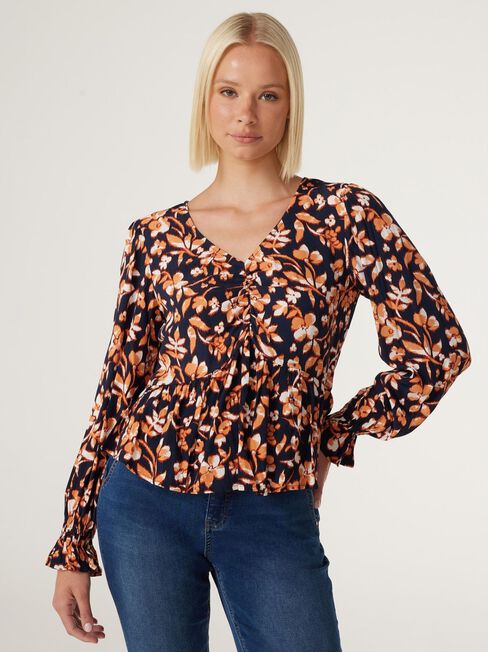 Poppy Rouched Bust Top, Blurred Rust Floral, hi-res