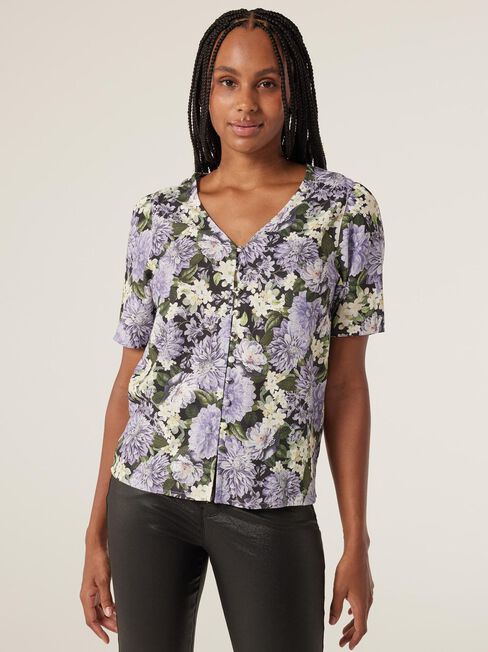 Ingrid Button Front Top, Floral, hi-res