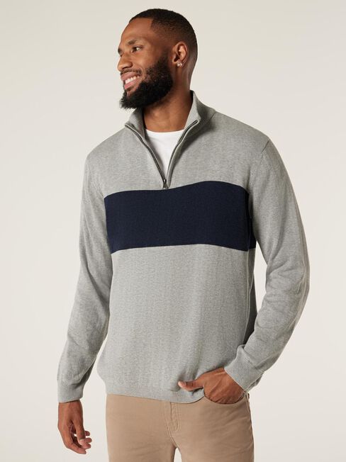 Noah Funnel Zip Neck Knit, Grey Marle/Ink Multi, hi-res