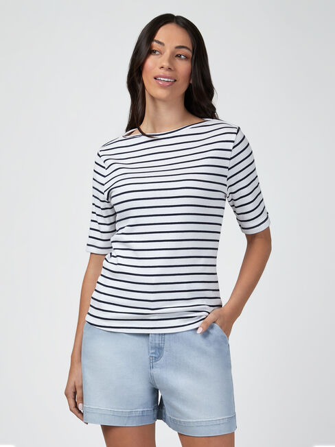 Rib Elbow Sleeve Boatneck Tee, Stripe, hi-res