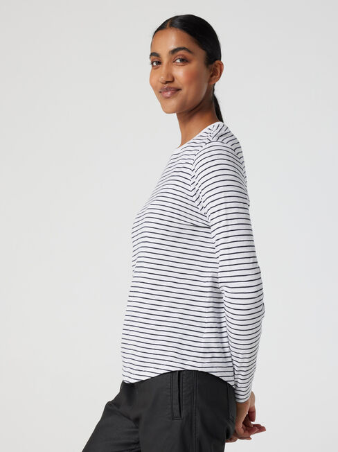 Essential Long Sleeve Crew Neck, White & Navy Stripe, hi-res