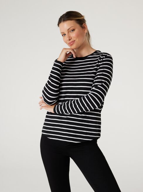 Essential Long Sleeve Crew Neck, Black & White Stripe, hi-res