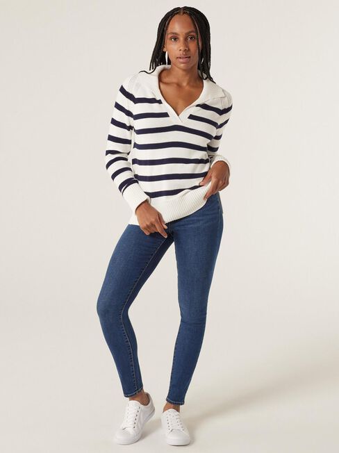 Amalia Collared Stripe Knit, White/French Navy Stripe, hi-res