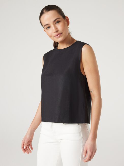 Maddy Linen Tank, Black, hi-res