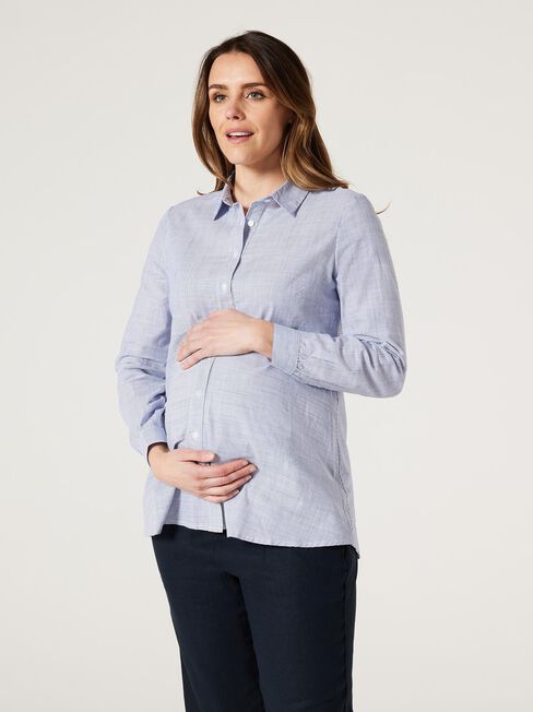 Harper Peplum Maternity Shirt, White & Navy Stripe, hi-res