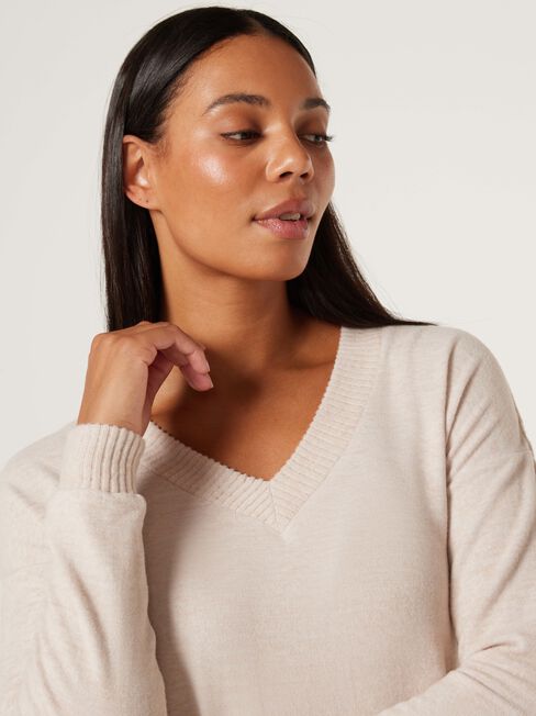 Viv V-Neck Soft Touch Top, Oatmeal, hi-res