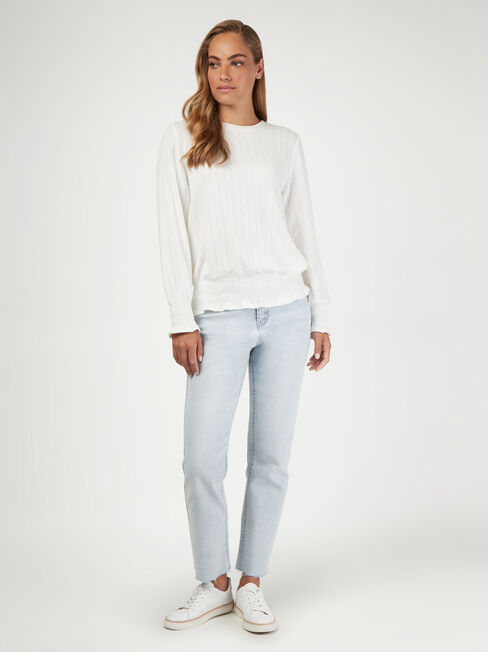 Jemma Jersey Shirred LS Top, White, hi-res
