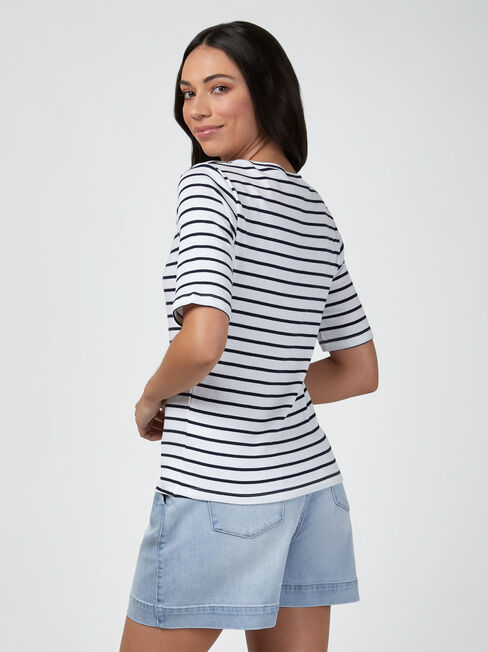Rib Elbow Sleeve Boatneck Tee, Stripe, hi-res
