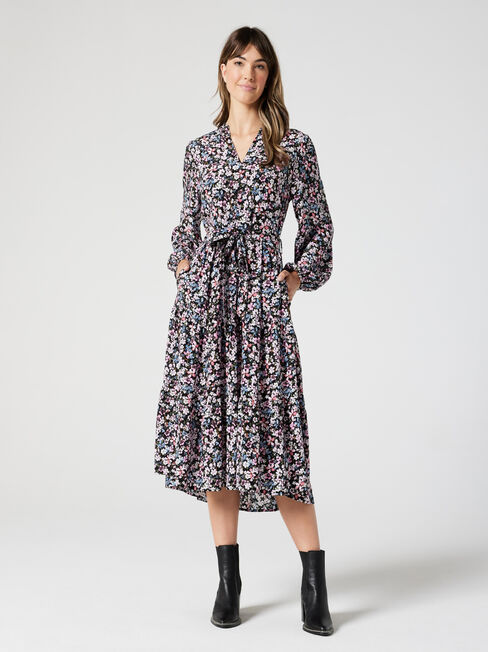 Georgina LS Midi Dress, Watercolour Floral, hi-res