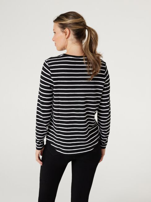 Essential Long Sleeve Crew Neck, Black & White Stripe, hi-res