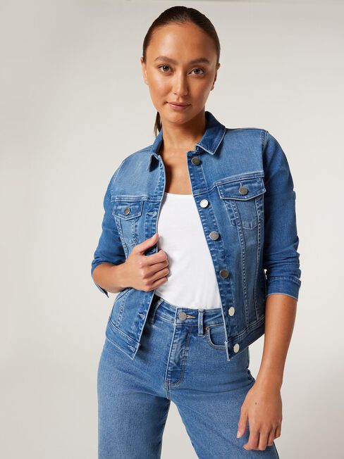 Classic Stretch Denim Jacket, Mid Blue, hi-res