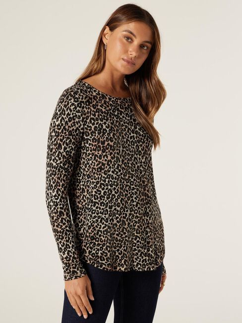 Sophia Soft Touch Curve Hem Pullover, Camel Leopard, hi-res