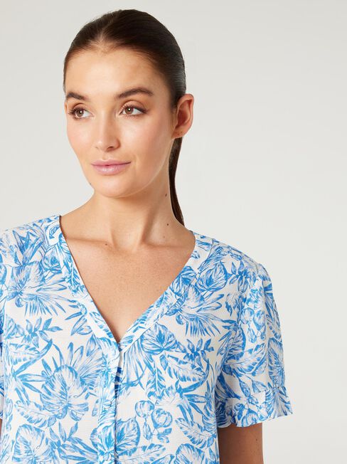 Angela Button Through Top, Blue Botanical, hi-res