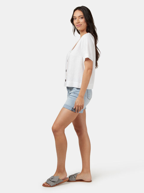 Carrie Button Front Linen Tee, White, hi-res