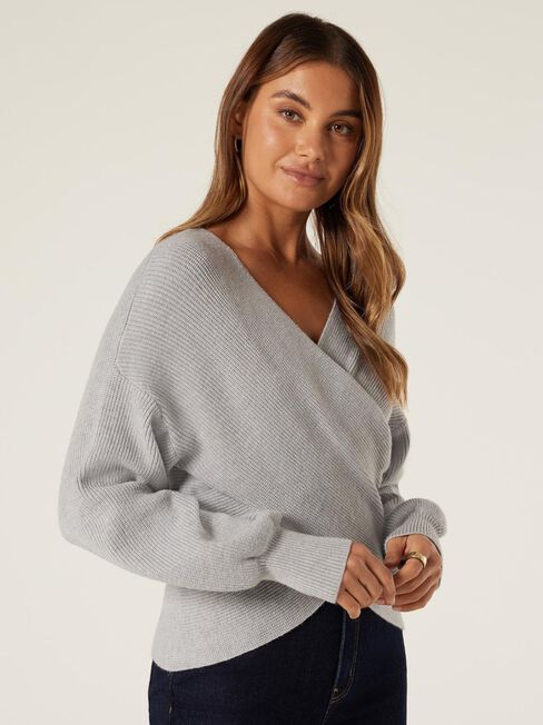 Ruby Rib Cross Front Knit, Grey Marle, hi-res