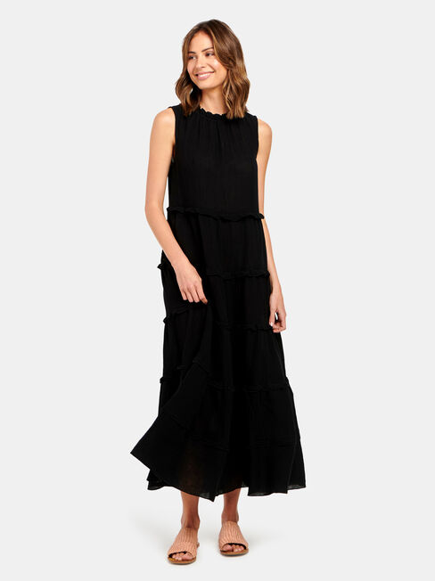 Sophie Sleeve Tiered Midi Dress, Black, hi-res