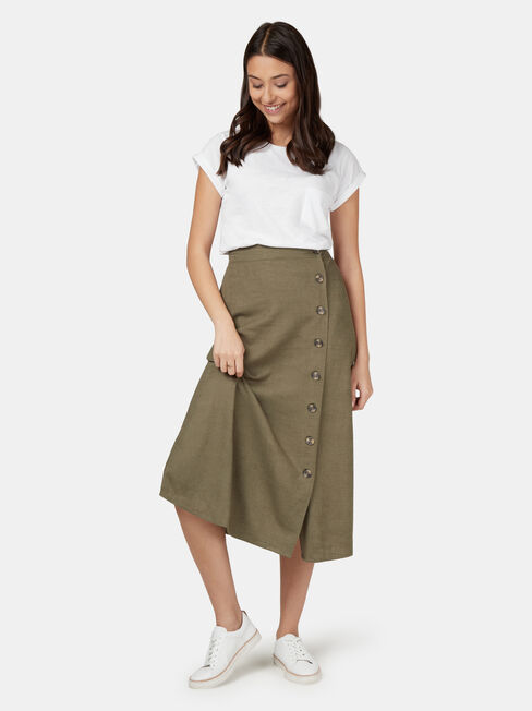Daisy Button Front Skirt, Green, hi-res