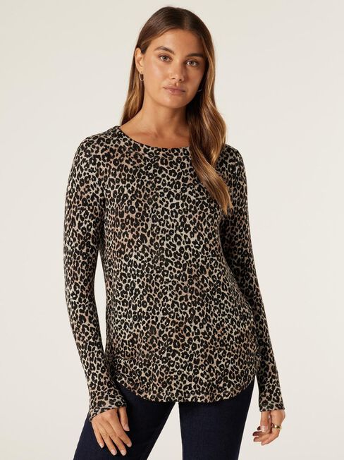 Sophia Soft Touch Curve Hem Pullover, Camel Leopard, hi-res