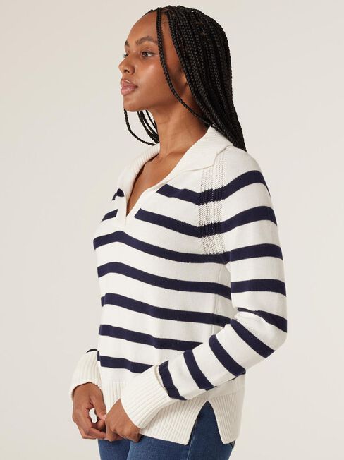 Amalia Collared Stripe Knit, White/French Navy Stripe, hi-res