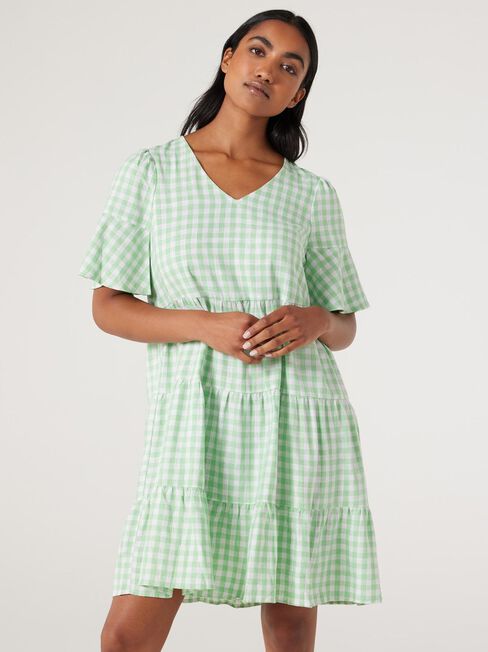 Lilah Tiered Dress, Green Gingham, hi-res