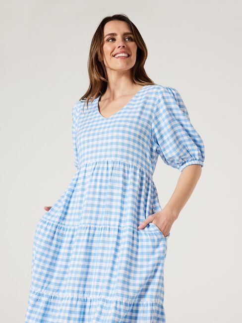 Sonny V-Neck Dress, Blue Gingham, hi-res