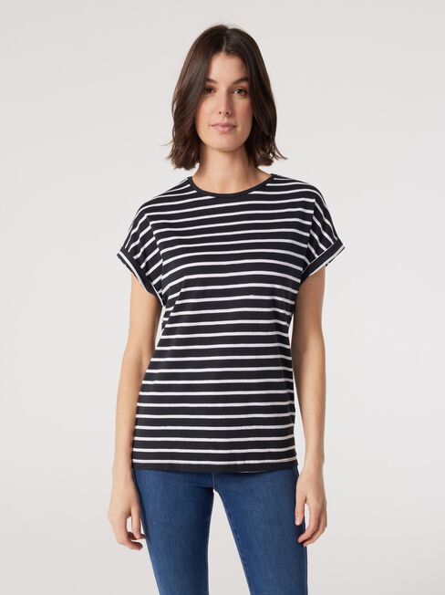 Drop Shoulder Tee, Navy Stripe, hi-res