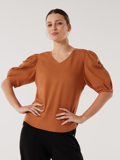 Carla Puff Sleeve Top, Brown, hi-res