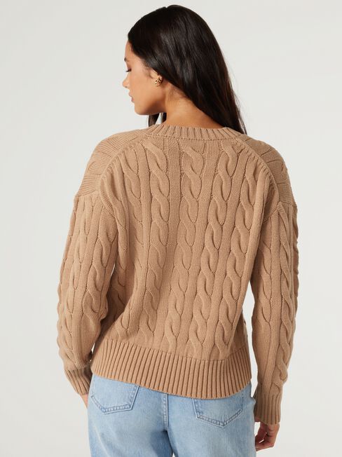 Daisy Cable V Neck Pullover, Camel, hi-res