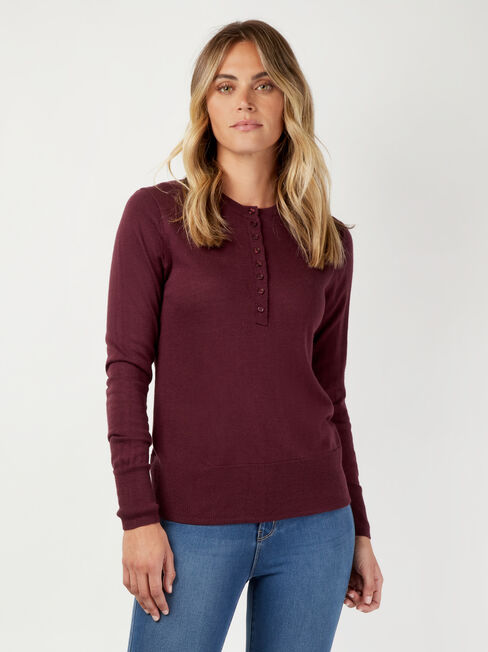 Jenny Fine Knit Henley, Purple, hi-res