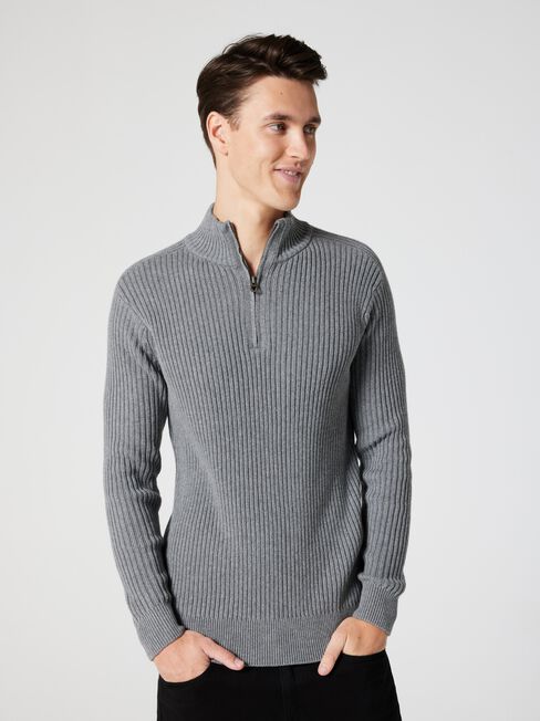 Shaun Funnel Zip Neck Knit, Grey Marle, hi-res