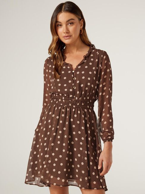 Sonya Tiered Dress, Choc Polka Dot, hi-res
