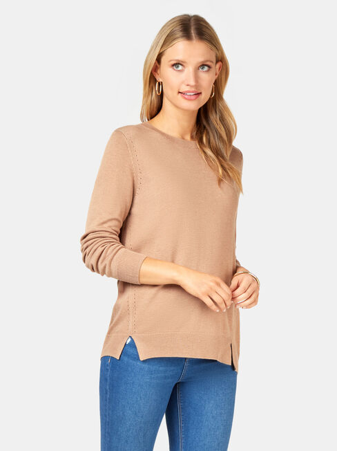 Aspen Essential Curve Hem Pullover, Brown, hi-res