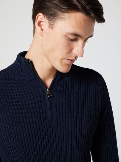 Shaun Funnel Zip Neck Knit, Ink Marle, hi-res