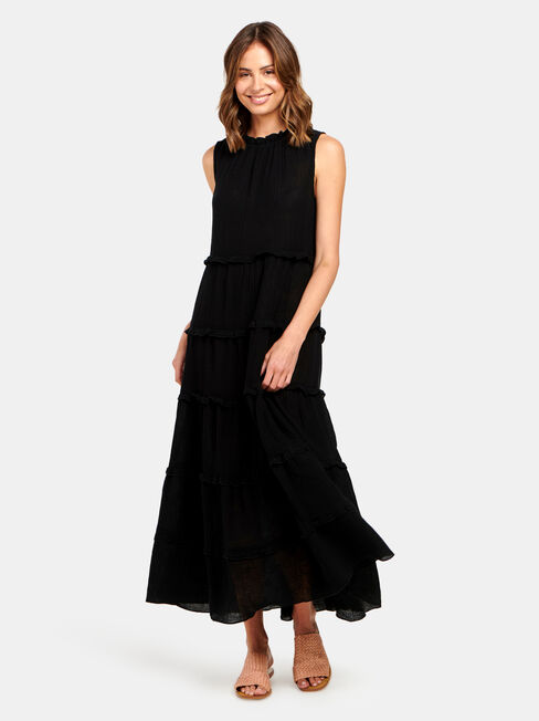 Sophie Sleeve Tiered Midi Dress, Black, hi-res