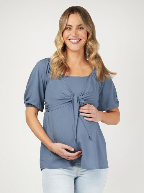 Charlie Maternity Tie Front Top, Blue, hi-res