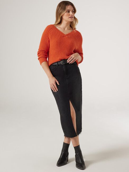 Faye Fluffy V-Neck Knit, Orange, hi-res