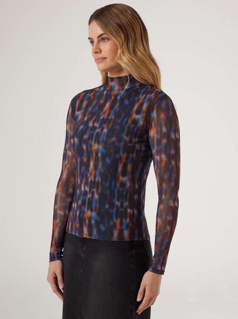 Kim Mesh Mock Neck Top, Print, hi-res