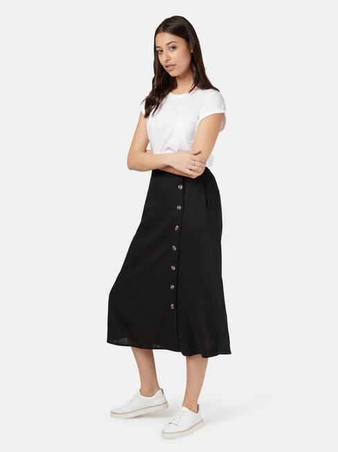 Daisy Button Front Skirt, Black, hi-res