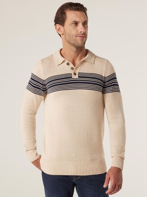 Tommy Half Button Open Collar Knit, Multi, hi-res