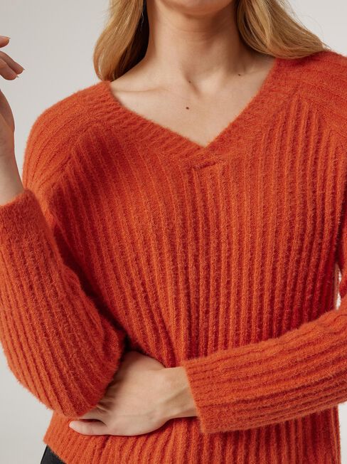 Faye Fluffy V-Neck Knit, Orange, hi-res
