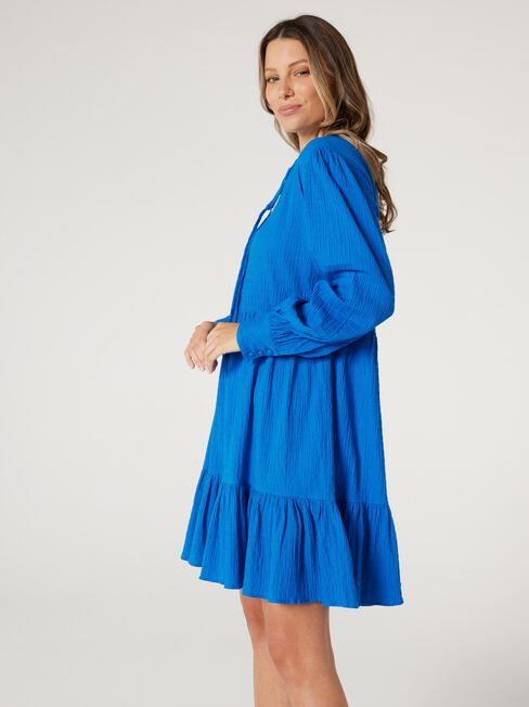 Ellay Tie Neck Blouson Slv Dress, Blue, hi-res