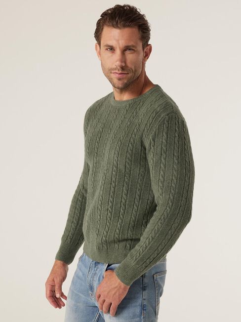 LS Archie Cable Crew Knit, Olive Marle, hi-res
