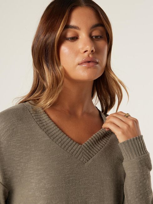 Viv Soft Touch V Neck Pullover, Khaki Marle, hi-res