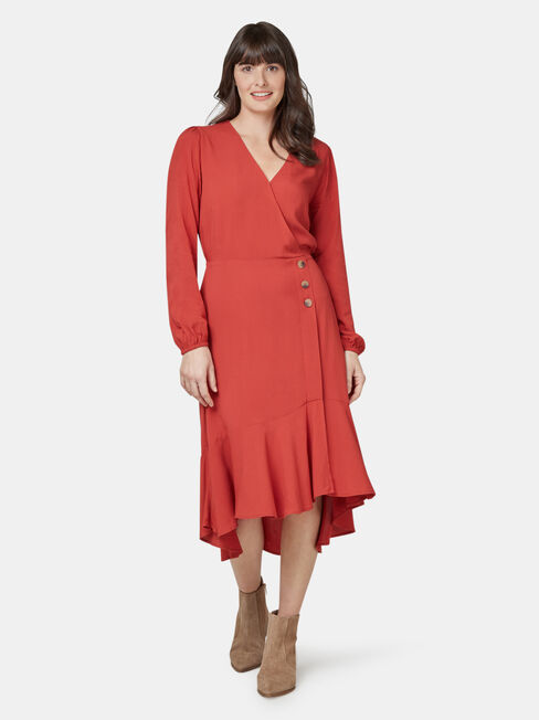 Sandy Concave Long Sleeve Dress, Red, hi-res