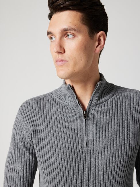 Shaun Funnel Zip Neck Knit, Grey Marle, hi-res