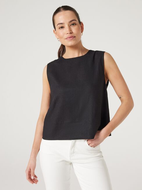 Maddy Linen Tank, Black, hi-res